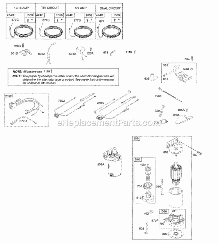 Alternator Electric Starter Ignition Diagram and Parts List for 405577-0116-B1  Briggs and Stratton Engine